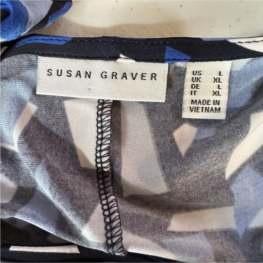 Susan Graver Printed Liquid Knit Fit & Flare Dress Large Blue Geo Print EUC - Picture 6 of 8